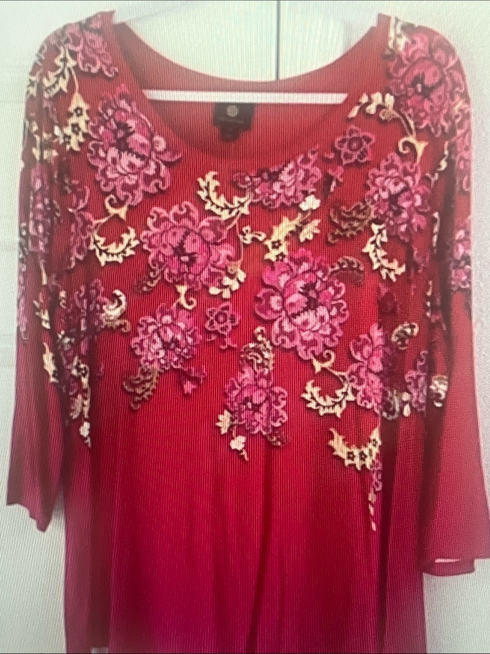 JM Collection Red Tunic with Pink and Gold Floral Appliqué